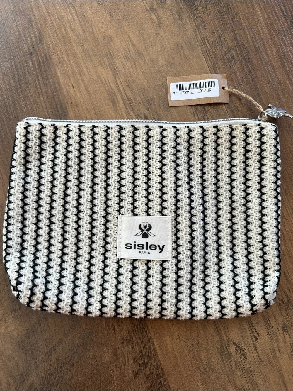 Sisley-Paris Black & Cream Striped Crochet Cosmetic Pouch